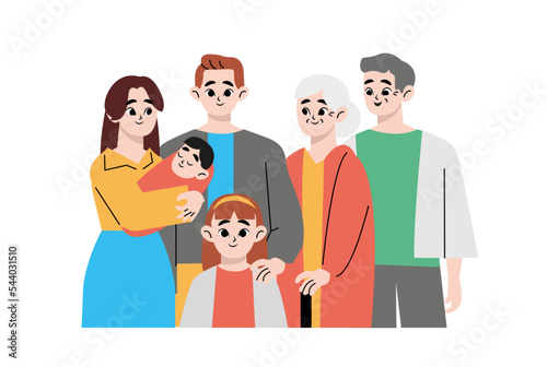 Portrait of big happy family with children, mother, father, grandfather and grandmother isolated on white background. Parents, grandparents and grandchildren. Colored flat vector illustration