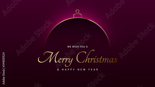 Minimalist red premium abstract background with volume arc line gold Christmas ball shape. Luxury geometric minimal vector design holiday poster, greeting card, banner. Golden Merry Christmas text