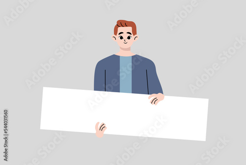 Blank poster with place for text. Young guy, male holding a clean banner isolated on a white background. The teenage guy shows the poster. Vector.

