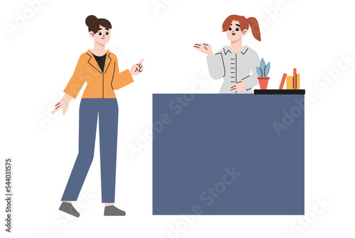 Company representative clerk talking with businessman. Girl behind expo counter, communicating with customer standing at tradeshow booth. Fair, advertising, reception concept. Flat vector illustration