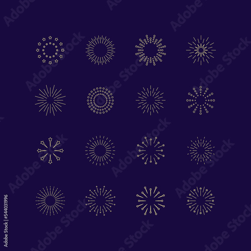 Set of linear fireworks icons. Celebration. Collection of design elements. Vector illustration. 