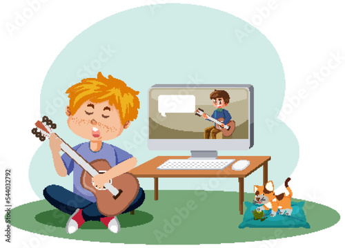 A boy learning to play guitar through online class