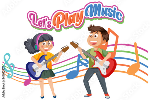 Lets play music text with children playing musical instrument