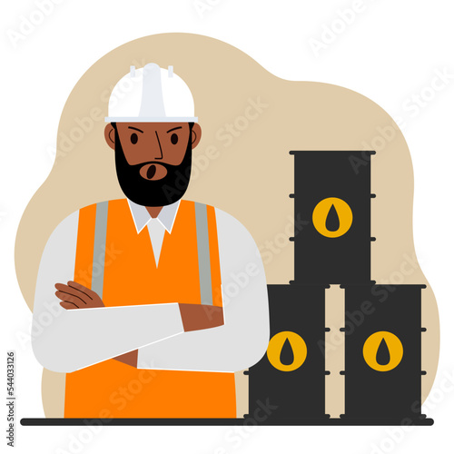 Oil barrels and a screaming oilman. Oil industry and worker or engineer in special clothes and helmet.