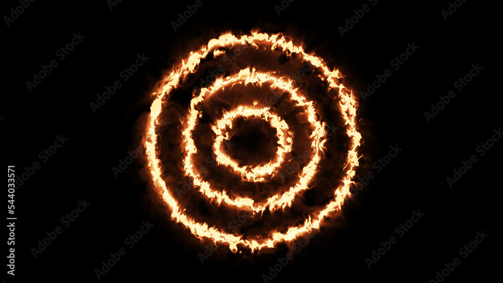 Burning triple concentric flame circles overlay background Stock ...