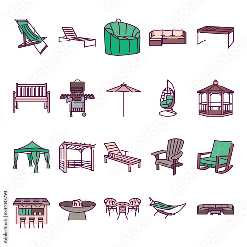 Garden furniture color line icons set. Pictograms for web page