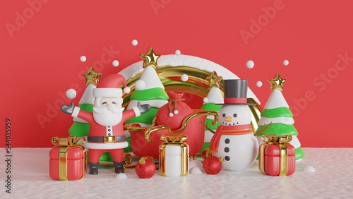 Christmas background with santa claus, christmas tree, gift, christmas balls, and snowman. 3d rendering