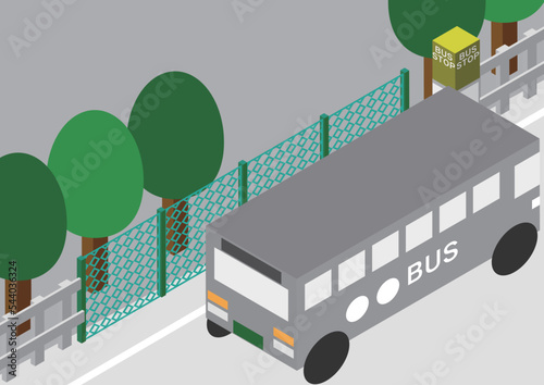 アイソメトリックな廃線になった線路を撤去してバスを運行するイメージのイラスト