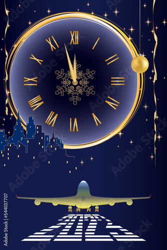 2023. New Year's card. the clock shows the onset of the new year. The plane takes off in the new year, golden balls. gold serpentine. clocks, decorative holiday decorations.