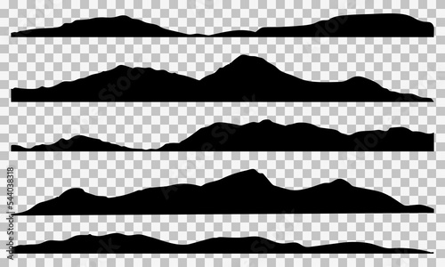 Mountains silhouettes. Panoramic silhouettes of highlands, mountains and rocky landscapes isolated on transparent background