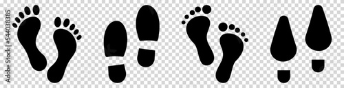 Shoe and bare foot print icons. Vector illustration isolated on transparent background