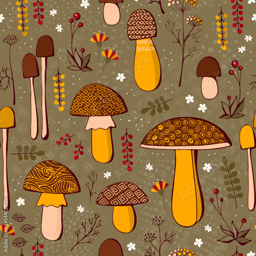 Cute seamless pattern with mushrooms, flowers, leaves and berries in autumn f...