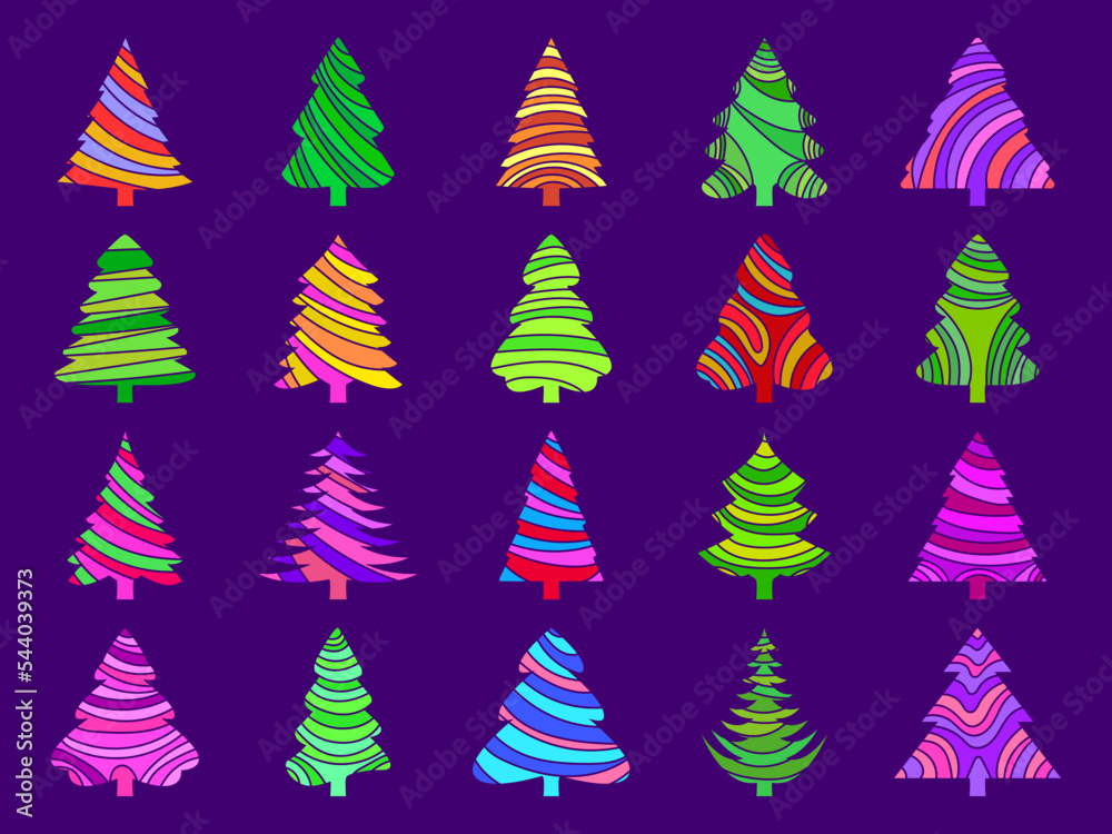 Obraz premium Christmas trees icons set. Multi-colored Christmas trees with a pattern. Pine and spruce trees in a bright modern style. Tree design for banners, posters and greeting cards. Vector illustration