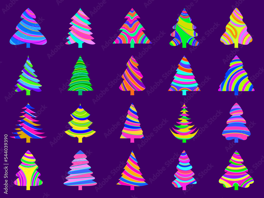 Obraz premium Caramel candy Christmas tree icons set. Multi-colored Christmas trees in the style of Christmas sweets. Design for banners, posters and greeting cards. Vector illustration