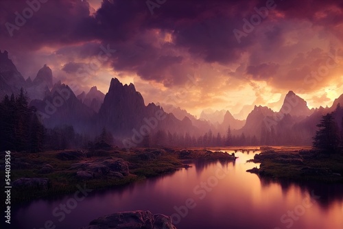 Breathtaking nature mountain landscape  3d illustration