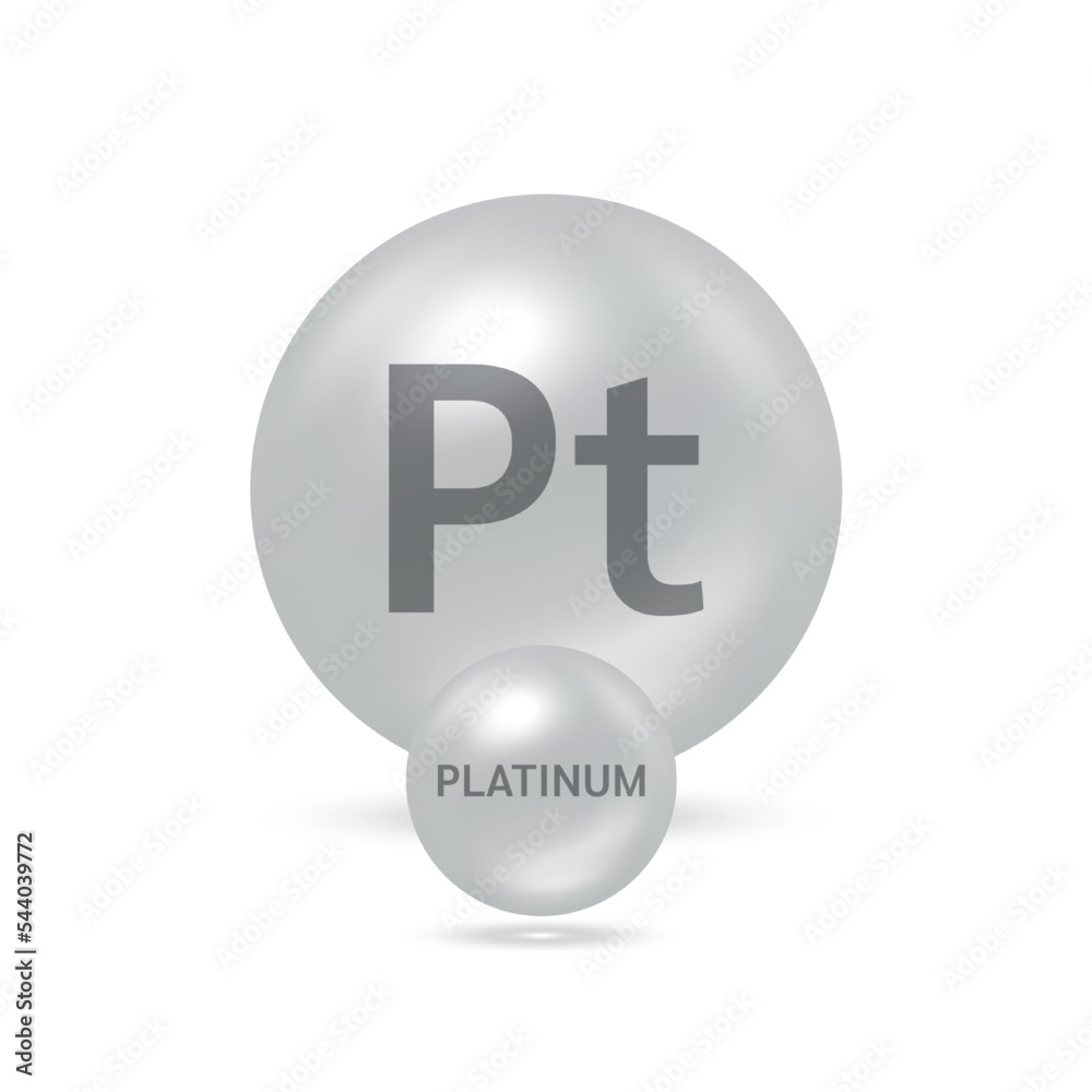 Platinum molecule models silver and chemical formulas scientific element. Natural gas. Ecology and biochemistry concept. Isolated spheres on white background. 3D Vector Illustration. Platinum molecule models silver and chemical formulas scientific element. Natural gas. Ecology and biochemistry concept. Isolated spheres on white background. 3D Vector Illustration.
