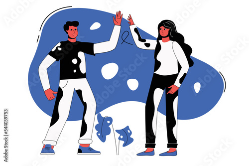 Happy people blue concept with people scene in the flat cartoon style. Boy and girl are happy for each other. Vector illustration.
