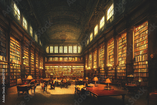 The ancient majestic hall of the library. Beautiful ceremonial hall with columns and arched ceilings, interior lighting, exquisite vintage decor.