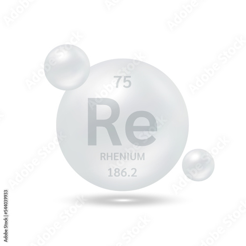 Rhenium molecule models silver and chemical formulas scientific element. Natural gas. Ecology and biochemistry concept. Isolated spheres on white background. 3D Vector Illustration.