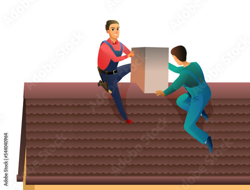 Workers work on roof. Two workers are repairing stove chimney on roof. Cleaning soot in the fireplace. Service illustration Isolated on white background. Vector.