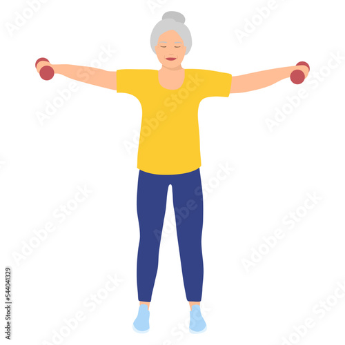 Elderly woman doing fitness exercises with dumbbells. Flat vector illustration