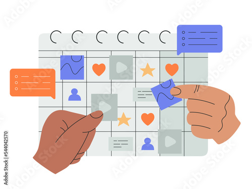 Content plan concept, internet marketing. Planning and promotion publication in networks and websites. Hand drawn colored vector illustration isolated on white background, modern flat cartoon style