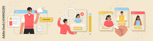 Set of vector illustration recruitment and headhunting agency. Hr managers team work with human resources, select candidates, analyze CV, resume. Hand drawn, modern flat cartoon style