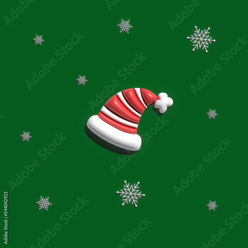 Merry Christmas with the Christmas hat on the green background. 3D Rendering. 