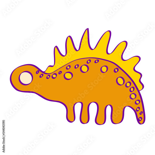 a painted orange dinosaur with a yellow crest on its back stands isolated on a white background, a cartoon painted dinosaur hero for the decoration of children's goods