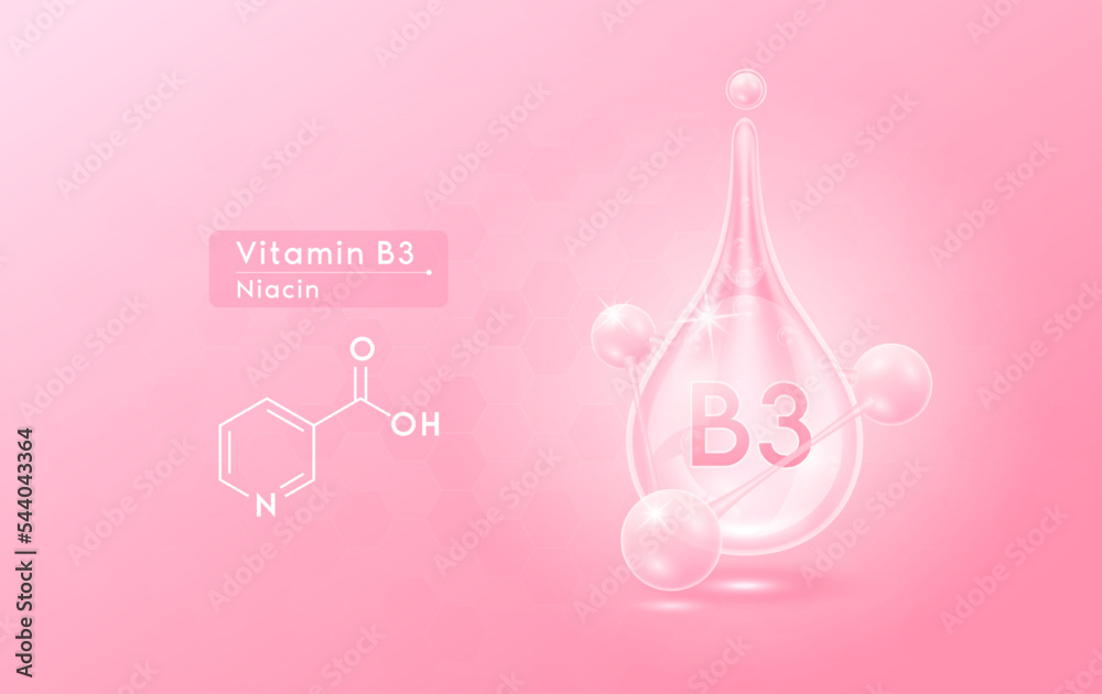 Serum skincare transparent water drops vitamin B3 pink and structure. Moisturizer collagen with molecule glittering and bubbles hyaluronic acid. For ad for beauty cosmetics. Realistic 3d vector.