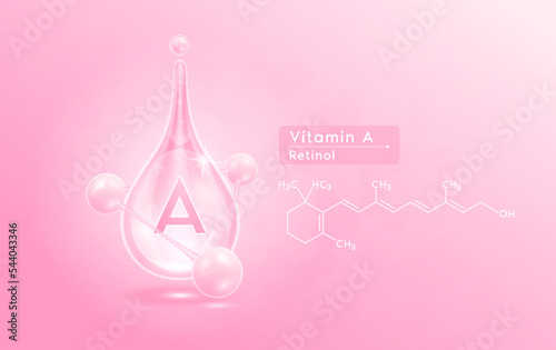 Serum skincare transparent water drops vitamin A pink and structure. Moisturizer collagen with molecule glittering and bubbles hyaluronic acid. For ad for beauty cosmetics. Realistic 3d vector.