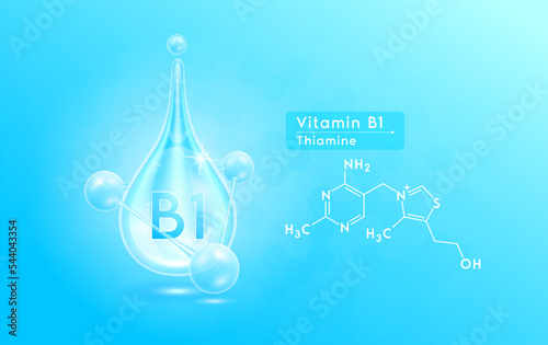 Serum skincare transparent water drops vitamin B1 blue and structure. Moisturizer collagen with molecule glittering and bubbles hyaluronic acid. For ad for beauty cosmetics. Realistic 3d vector.