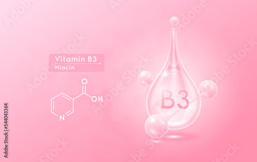 Serum skincare transparent water drops vitamin B3 pink and structure. Moisturizer collagen with molecule glittering and bubbles hyaluronic acid. For ad for beauty cosmetics. Realistic 3d vector.