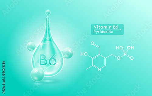 Serum skincare transparent water drops vitamin B6 blue green and structure. Moisturizer collagen with molecule glittering and bubbles hyaluronic acid. For ad for beauty cosmetics. Realistic 3d vector.