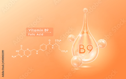 Serum skincare transparent water drops vitamin B9 orange and structure. Moisturizer collagen with molecule glittering and bubbles hyaluronic acid. For ad for beauty cosmetics. Realistic 3d vector.