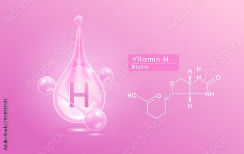 Serum skincare transparent water drops vitamin H pink and structure. Moisturizer collagen with molecule glittering and bubbles hyaluronic acid. For ad for beauty cosmetics. Realistic 3d vector.