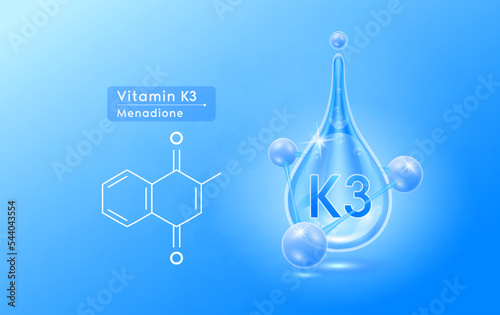 Serum skincare transparent water drops vitamin K3 blue and structure. Moisturizer collagen with molecule glittering and bubbles hyaluronic acid. For ad for beauty cosmetics. Realistic 3d vector.