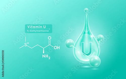 Serum skincare transparent water drops vitamin U blue green and structure. Moisturizer collagen with molecule glittering and bubbles hyaluronic acid. For ad for beauty cosmetics. Realistic 3d vector.