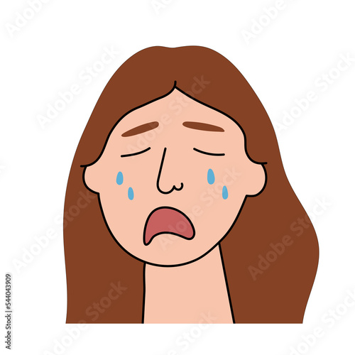 Sad woman cries with pain and grief. Sobbing girl flat character sheds tears, expresses the emotions of misfortune and despair . Isolated. Vector illustration.