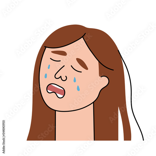 Sad woman cries with pain and grief. Sobbing girl flat character sheds tears, expresses the emotions of misfortune and despair . Isolated. Vector illustration.