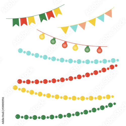 A set of Christmas tree garlands of lanterns and flags. A set of Christmas tree beads. Decoration for the Christmas tree. Vector drawing.