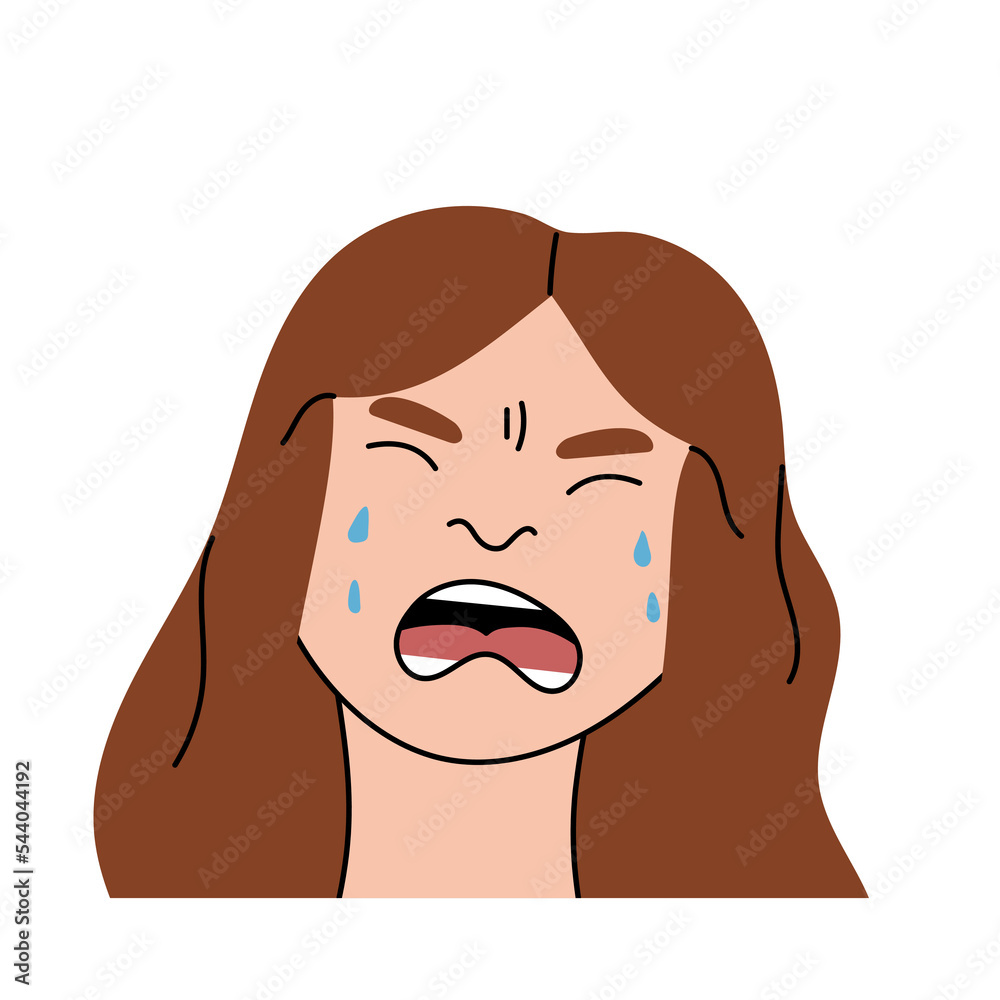 Sad woman cries with pain and grief. Sobbing girl flat character sheds tears, expresses the emotions of misfortune and despair . Isolated. Vector illustration.