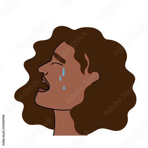 Sad afro american woman cries with pain and grief. Sobbing girl flat character sheds tears, expresses the emotions of misfortune and despair . Isolated. Vector illustration.