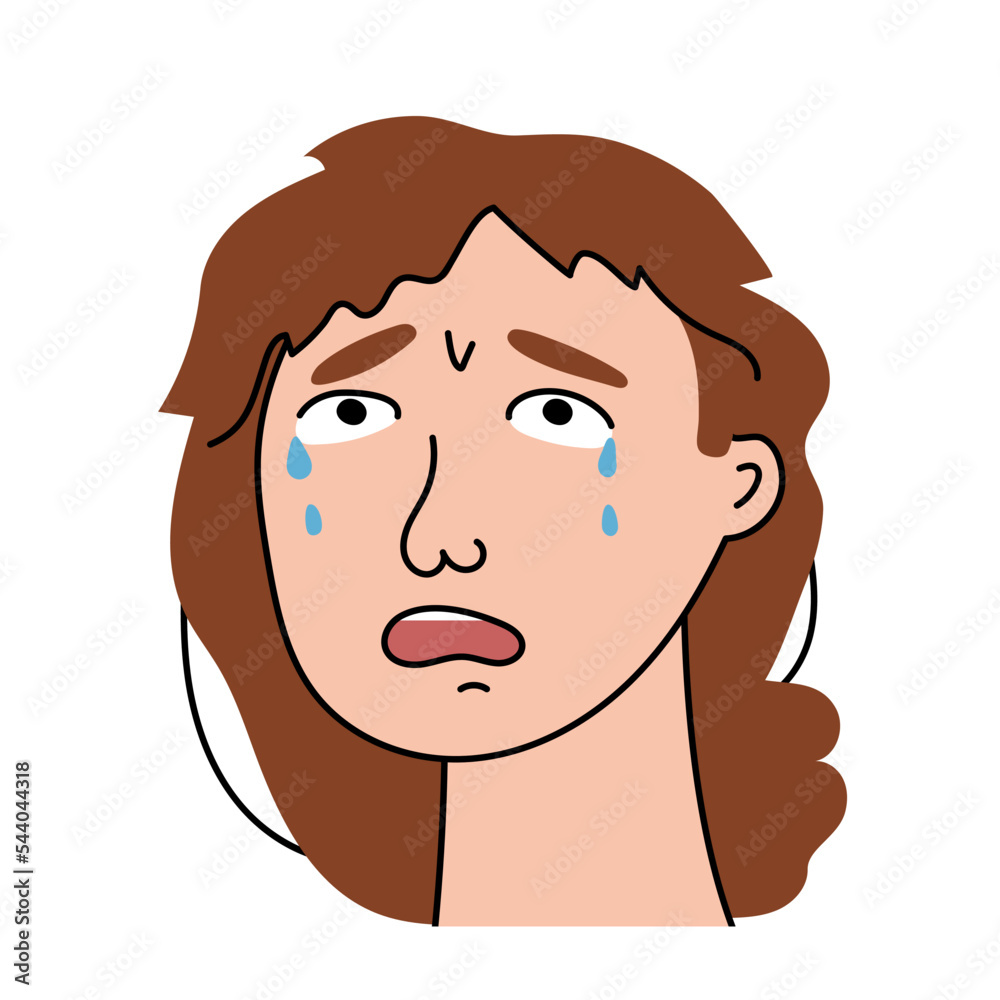 Fototapeta premium Sad woman cries with pain and grief. Sobbing girl flat character sheds tears, expresses the emotions of misfortune and despair . Isolated. Vector illustration.