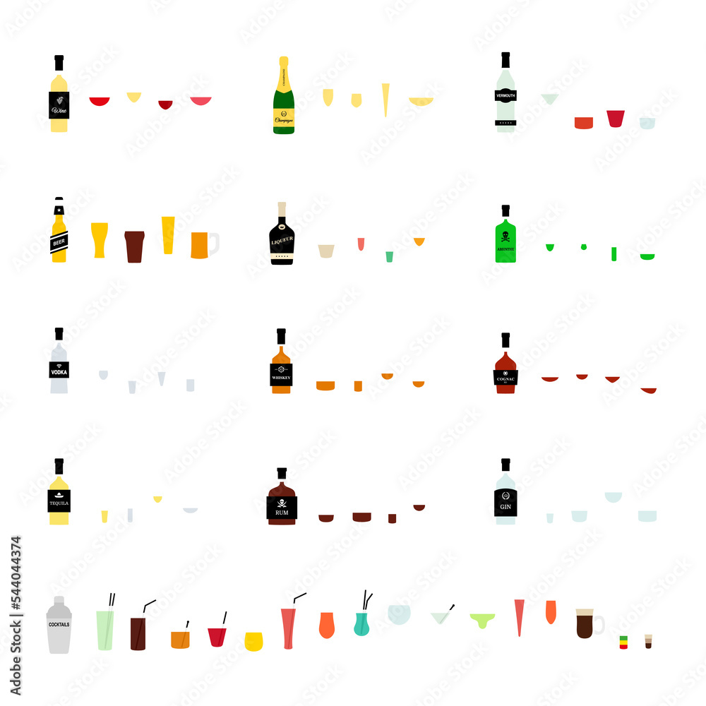 Alcohol drinks, bottles and recommended glasses flat style isolated PNG
