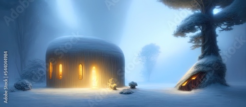 Fantasy winter tree house in the snow, cold, abstract fantasy landscape, trees, snowdrifts, snow, capsule house.
