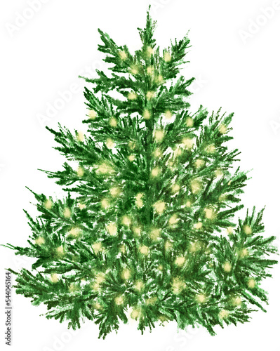 Evergreen pine tree with Christmas lights. Watercolor illustration. Farmhouse Christmas tree on the transparent background.