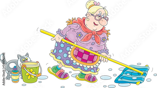 Funny fat housewife industriously mopping a floor with a rag and water from a bucket, vector cartoon illustration isolated on a white background