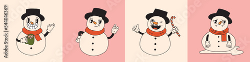 Christmas set Snowman mascot character, retro 30s cartoon . 40s, 50s, 60s old animation style. Different emotions and face expressions. Vintage comic merry Christmas collection. Isolated flat vector
