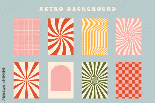 Groovy hippie 60s backgrounds. Fun cartoon hypnotic, rays, lollipop, stripes, chess. Vector posters in trendy retro psychedelic style. Merry Christmas vector backgrounds. Vintage old style, 30s, 40s